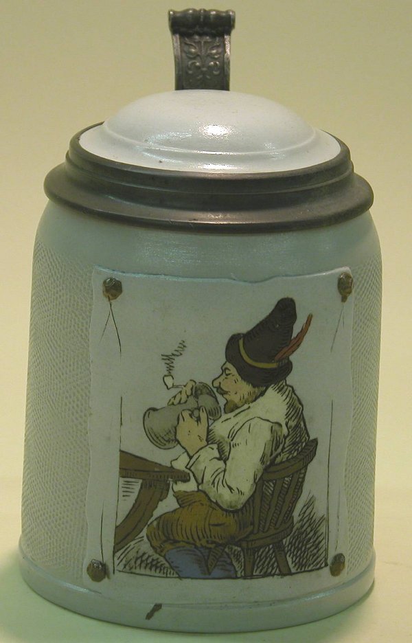 METTLACH BEER STEIN 1/2 LITER Having pa: METTLACH BEER STEIN 1/2 LITER Having panel decoration depicting seated man drinking, impressed with Mettlach logo and numbered 1646. Estimate $100-150 CONDITION: Good