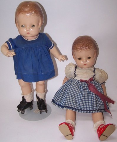 *2 COMPOSITION EFFANBEE DOLLS: Patsy and Patsy Joan, both having molded hair with sleep eyes and painted lips, marked on back "Effanbee Patsy" and "Effanbee Patsy Joan," approximate height of Patsy with skates 14 1/2", Patsy Joan a