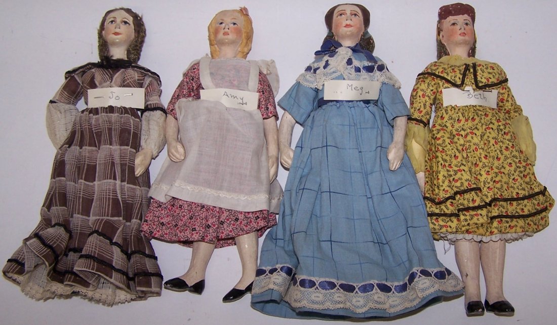 *4 COMPOSITION DOLLS: Little Women, including Joe, Meg, Beth and Amy, by Louisa Mae Alcott (Kimport), all having painted features with painted shoes, approximate height 8 3/4", deaccessioned from a midwestern museum.