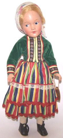 *COMPOSITION HEDWIG DOLL: Possibly "Suzanne," having painted features, from the book of Marguerite de Angeli, with original cardboard wrist tag (has Mary Hoyer face, very first American Girl doll), approximate height 14", deac