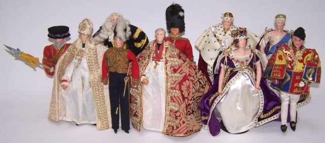 *10 LIBERTY OF LONDON CORONATION DOLLS: Late 1930's, including Queen Elizabeth II, Phillip Duke of Edinburgh, Beefeater, etc. deaccessioned from a midwestern museum.
