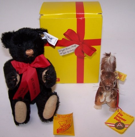 *2 STEIFF FIGURES: Teddy bear and squirrel, teddy bear with original box.