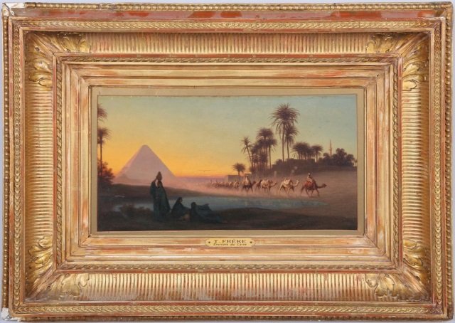 FRERE, CHARLES THEODORE: (1815-1888 French) "Grande Pyramid De Gyzeh," framed oil on wood panel, signed lower right, approximate image size 8 1/2" x 15 1/8", frame size 17 1/2" x 24".