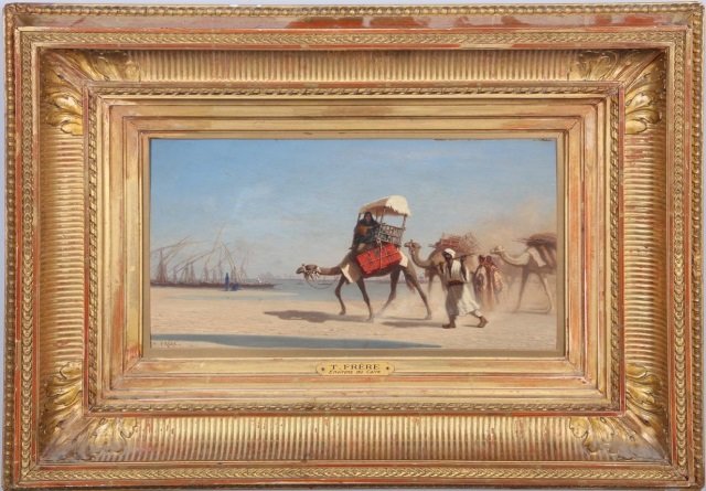 FRERE, CHARLES THEODORE: (1815-1888 French) "Bords Du Niel A Boulak," framed oil on wood panel, signed lower left, approximate image size 8 1/4" x 15", frame size 17 1/2" x 24".