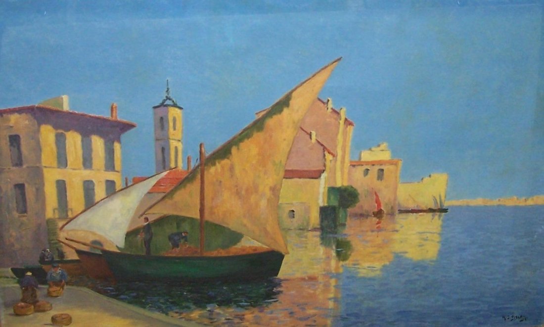 DELPY, JACQUES HENRY: (1877-1957 French) Harbor scene with figures, framed oil on canvas housed under glass, approximate image size 23" x 36", frame size 27 1/2" x 40".