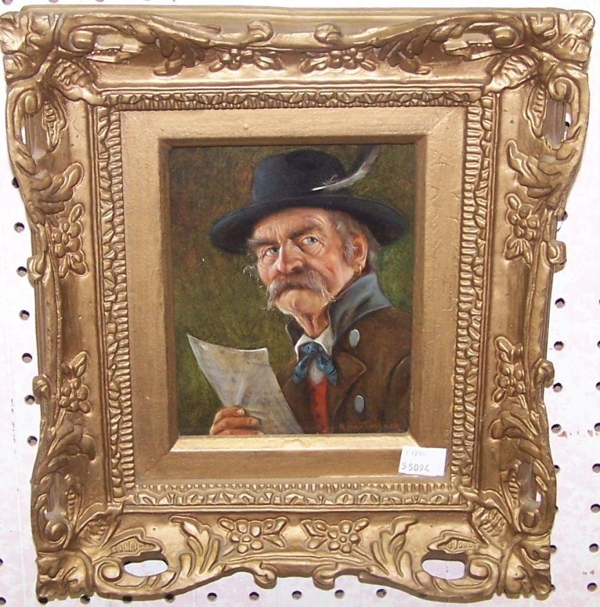 * Barttenbach, Hans: (Born 1908 German) Man reading paper, framed oil on masonite panel, approximate image size 7" x 5", frame size 13" x 11".