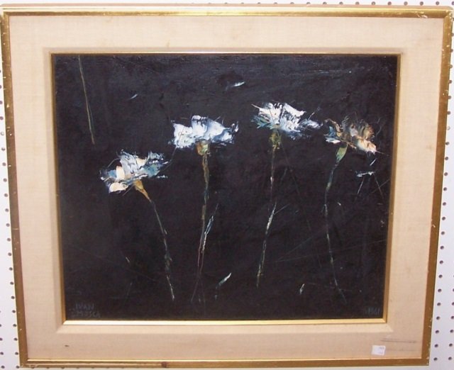 *MOSCA, IVAN: (20th C. European) Still life with 4 flowers, framed oil on canvas, signed lower left, approximate image size 18" x 20 3/4", frame size 23 1/2" x 26 1/2".