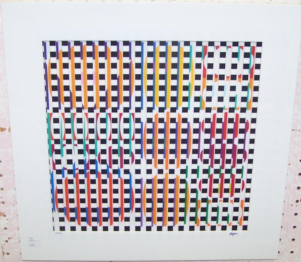 * Agam, Yaacov: (Born 1928 Israeli) Abstract, changeable kinetic wall sculpture with serigraph pigments on plastic, bears artist signature and numbered in Roman numerals from an edition of 20 sculptures lower left, a