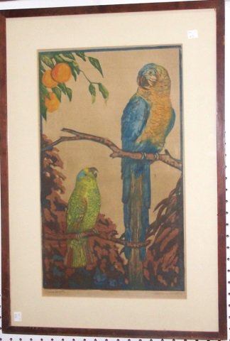 UNKNOWN ARTIST: (20th C. German School) Colorful parrots on branch, framed colored woodblock print, signed indistinctly and bears initials WS lower left, approximate image size 21" x 12 1/2", frame size 29" x 20".