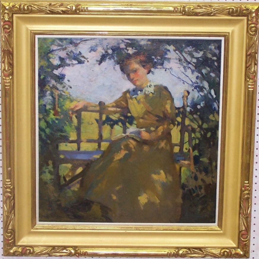 * Van Ness, Whitney Beatrice: (1888-1981 American) Woman reading in a garden seat, framed oil on canvas, signed lower left, approximate image size 27 1/2" x 26", frame size 36 1/2" x 35". PROVENANCE - Bears label on verso for the 