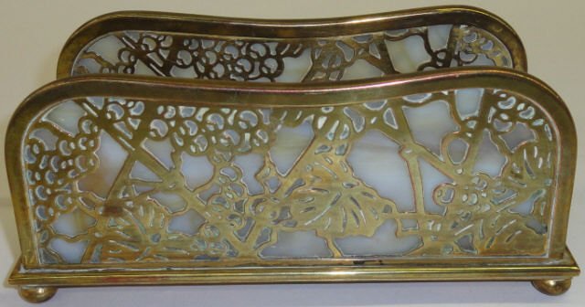 *TIFFANY LETTER HOLDER: Having glass sides and grape cluster decoration, marked on underside "Tiffany Studios New York 1019", approximate height 2 5/8", length 6 1/4".