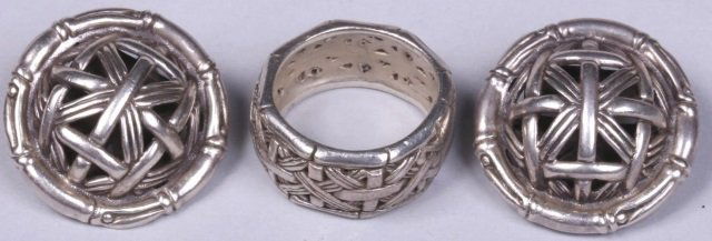 *PAIR OF JOHN HARDY STERLING SILVER EARRINGS: Approximate weight 11.3 dwt, together with a John Hardy sterling silver ring, approximate weight 6.3.