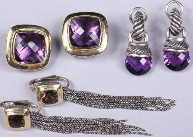*3 PAIR OF DAVID YURMAN SILVER AND GOLD EARRINGS: All set with amethyst stones, approximate total weight 29.4 dwt.