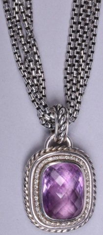 *DAVID YURMAN SILVER PENDANT NECKLACE: Set with one large faceted amethyst and numerous small round cut diamonds, stamped "925," approximate weight 36.2 dwt.