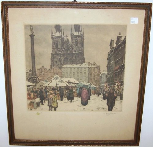 *SIMON, TAVIK FRANTISEK: (1877-1942 Czechoslovakian) Winter street scene with figures, framed colored aquatint etching, signed lower right margin, approximate image size 10 3/4" x 11 3/4", total paper size 17" x 15 1/2", fram