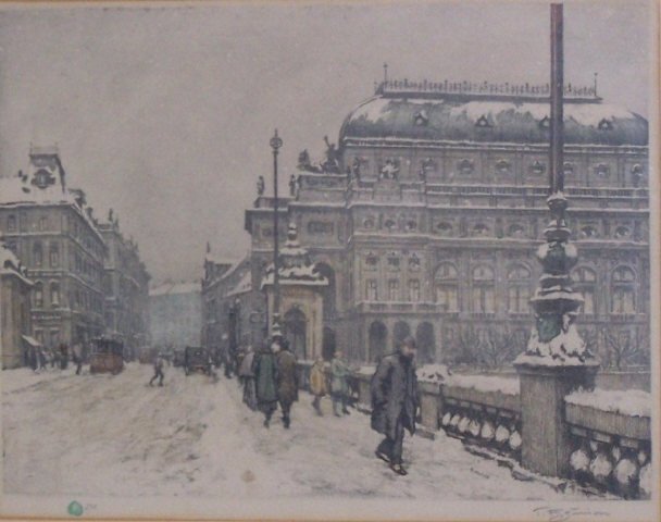 *SIMON, TAVIK FRANTISEK: (1877-1942 Czechoslovakian) Winter street scene with figures, framed colored aquatint etching on paper, signed lower right, approximate image size 11 1/2" x 15 1/2" with larger visible margins, frame 