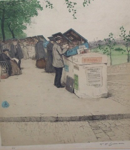 *SIMON, TAVIK FRANTISEK: (1877-1942 Czechoslovakian) Parisian book sellers, framed aquatint etching, signed lower right margin, approximate image size 14 1/2" x 12 3/4", frame size 24" x 22".