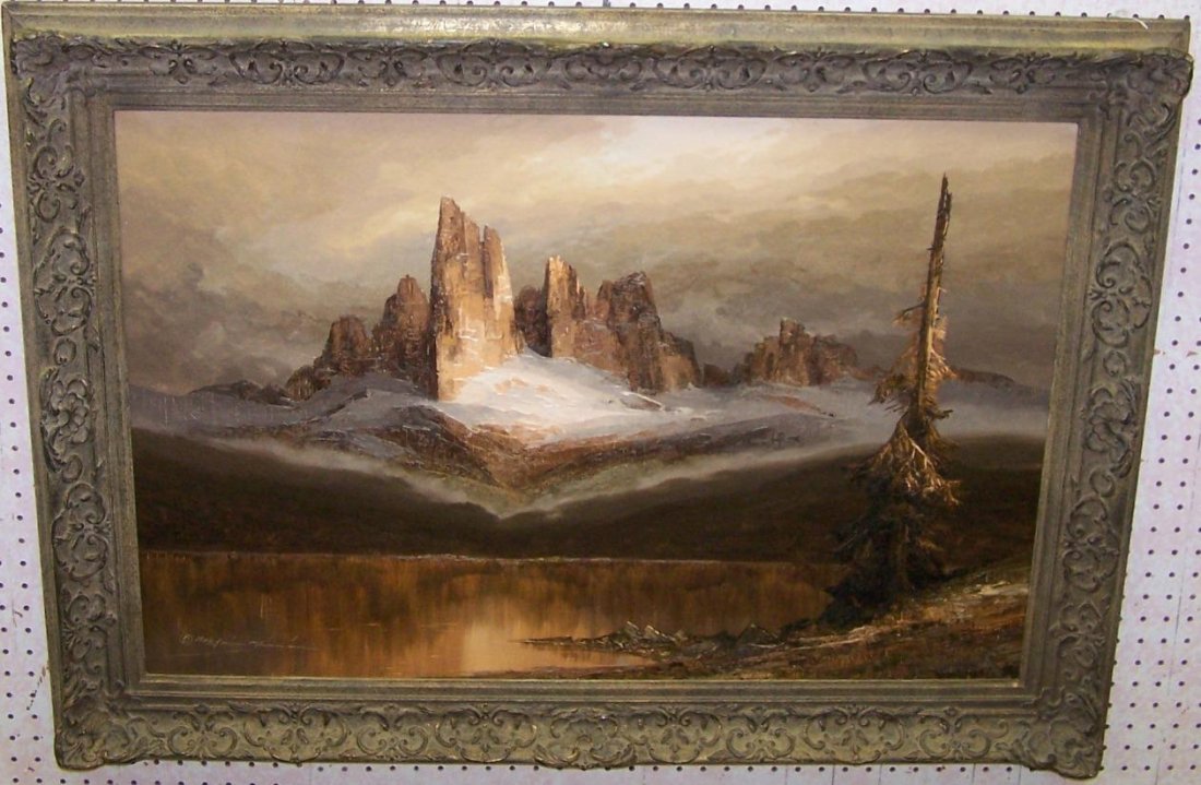 *MUNNICH, HEINZ: Framed oil on canvas depicting vast mountain landscape with snow and lake, signed lower left and dated 1966, approximate image size 24 1/4" x 36 1/2", frame size 31 1/4" x 43 1/2".