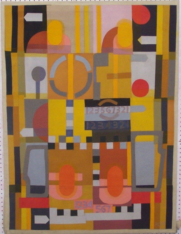 *HOFF, MARGO: (Born 1912 American) "Twenty Minute Taxi Ride," unframed mixed media consisting of cut out collage and paints on canvas, signed lower right, approximate image size 50" x 36".