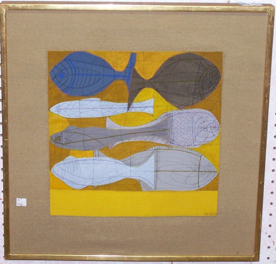 *HOFF, MARGO: (Born 1912 American) "Fish Market," framed mixed media work consisting of cut out fabric collage and acrylic paints mounted to canvas, signed lower right and titled and signed verso, approximate image