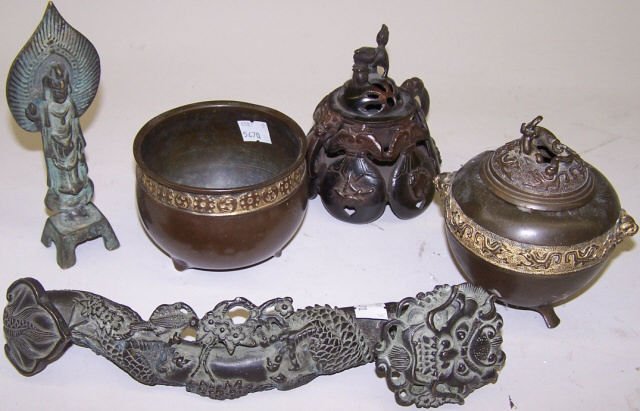 *5 ORIENTAL BRONZE PIECES: 2 incense burners, one having dragon form finial, one having Foo dog form finial and surrounded by assorted animals, approximate height 5" and 4 3/4", footed bowl with gilt highlighting, approximate h