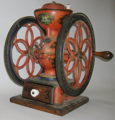 *ENTERPRISE No.3 CAST IRON COFFEE GRINDER: Original paint and decorations, embossed with "Enterprise Mfg Co Philadelphia Pa USA" on side flywheels and on base, embossed "American" on backside of body, wood pull out drawer labeled "No. 3"on fro