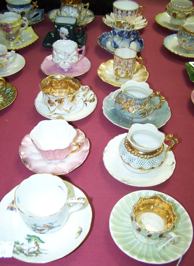 *12 DEMITASSE CUPS AND SAUCERS: Flow blue, Herend, etc.