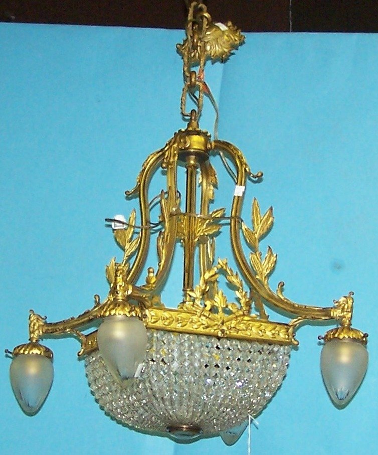 *BRASS AND GLASS HANGING LIGHT FIXTURE: Having 4 branches with leaf and torch design with lower beadwork, includes glass shades, approximate drop 30".