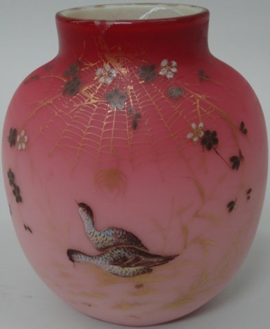 *WEBB PEACHBLOW VASE: Front panel decorated with game and spider in web, approximate height 6 1/8".