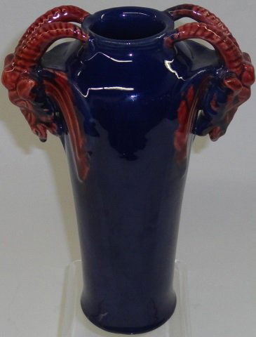 *MICHAEL ANDERSON 2-HANDLED POTTERY VASE: Blue glazed Scandinavian ceramic vase with decorative handles in the shape of ram's heads, marked on bottom "MA & S 693," approximate height 9 7/8".