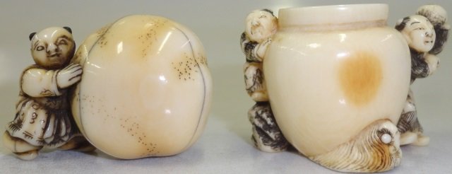 *2 CARVED IVORY NETSUKES: Approximate height 1". Note: Items containing ivory will only be shipped domestically and cannot be shipped to California.