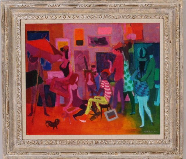 *LIKAN, GUSTAV: (1912-1996 Yugoslavian/American) Artist studio, framed acrylic on canvas, signed lower right, approximate image size 20" x 24", frame size 28" x 32".