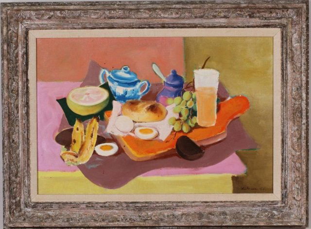 *LIKAN, GUSTAV: (1912-1996 Yugoslavian/American) Still life, framed oil on canvas, signed lower right, approximate image size 20" x 30", frame size 28" x 38".