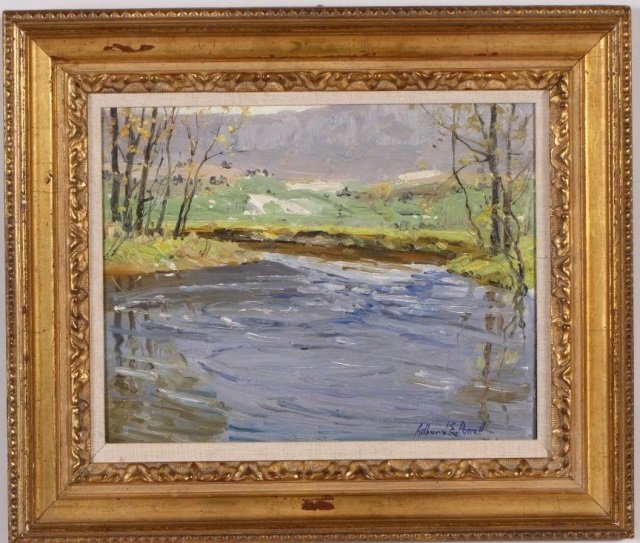 *POWELL, ARTHUR JAMES: (1864-1956 American) Impressionist river landscape, framed oil on masonite board, signed lower right, approximate image size 10" x 12", frame size 14 1/2" x 17".