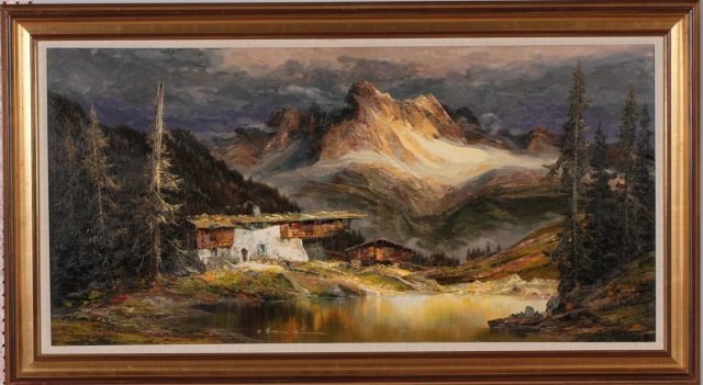 *MUNNICH, HEINZ: (1921 German) Mountain landscape with river, framed oil on canvas, approximate image size 24" x 48", frame size 32" x 56".