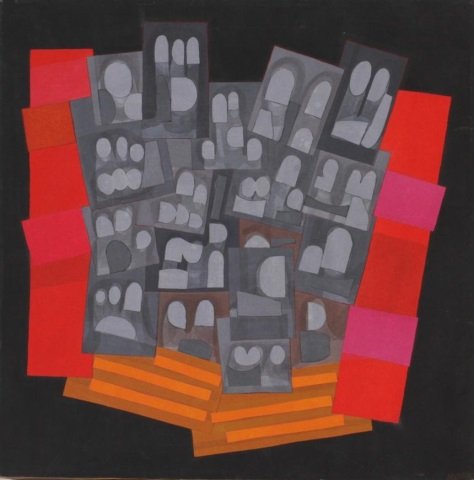 *HOFF, MARGO: (Born 1912 American) "Family Album," unframed mixed media consisting of acrylic and collage on canvas, signed lower right, approximate image size 34" x 34".