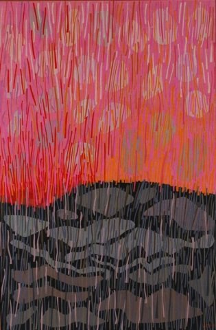 *HOFF, MARGO: (Born 1912 American) "Among Colors," framed acrylic and collage mounted to masonite panel, signed lower right, approximate image size 36" x 24", frame 37" x 25".