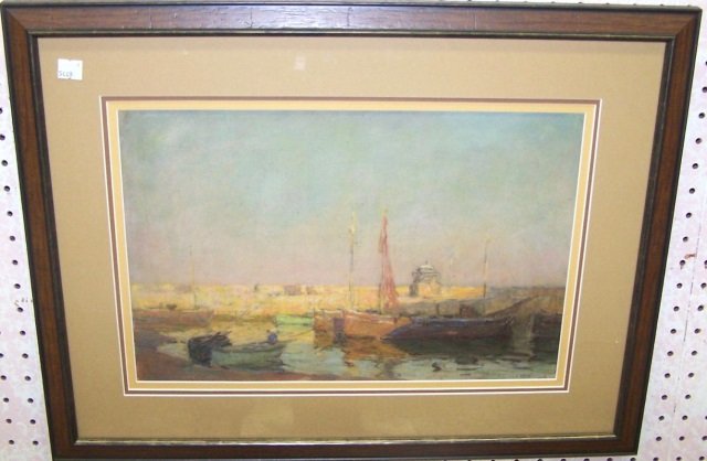 *WILLIAMS, TERRICK: (Early 20th C. European School) Boats in a harbor, framed and matted pastel, signed indistinctly lower right, approximate image size 10 3/4" x 16 1/4", frame size 18 1/2" x 24".