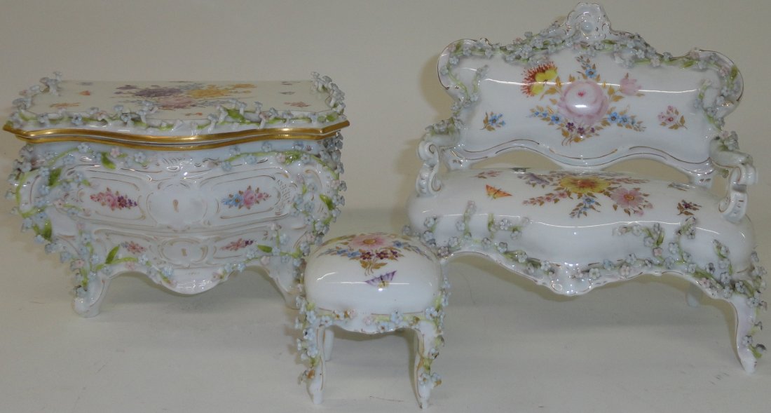 *3 PIECES OF GERMAN PORCELAIN: Settee, dresser and bench approximate height of sette 6"