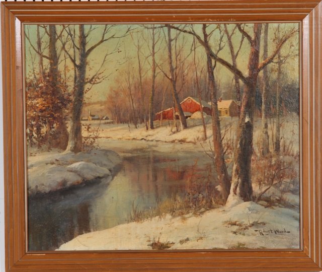 WOOD, ROBERT W.: (1889-1979 American) " White Mantel", framed oil on canvas, signed lower right, titled on verso, inventory number 5995 on label on stretcher bar, approximate image size 25" x 30", frame size 29 1/2" x