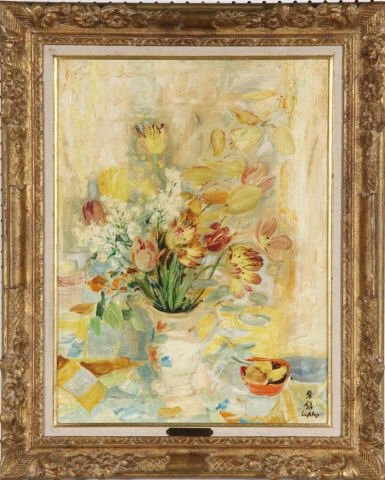 *LE PHO: (Born 1907 Vietnamese/French) "Tulips", framed oil on silk mounted to board, signed lower right, bears a gallery label for "The Findlay Galleries" on verso, approximate image size 24" x 18", with fram