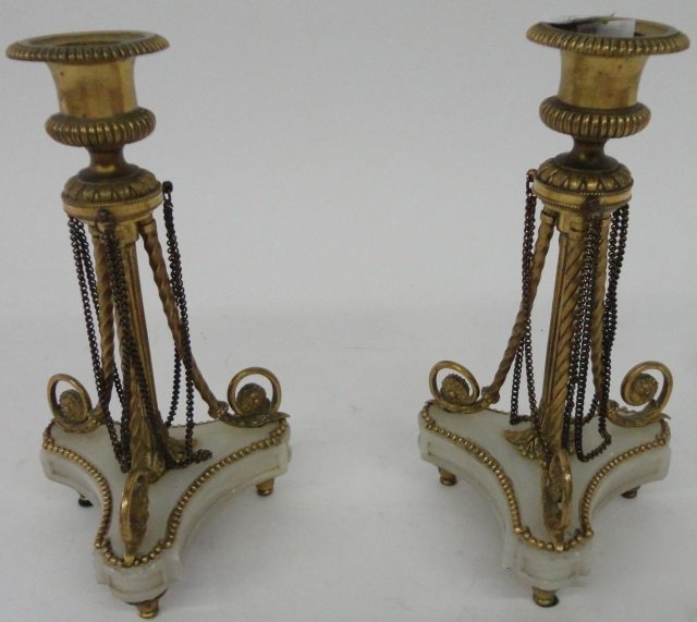 *PAIR OF CLASSICAL BRASS & ALABASTER CANDLESTICKS: Approximate height 8 3/8",