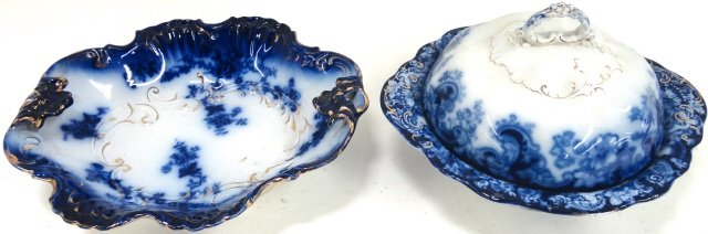 *2 PIECES FLOW BLUE: Covered footed dish "Ormonde" pattern widest diameter 10 1/4", 2 handled bowl "La Belle" pattern widest diameter 11 3/8".