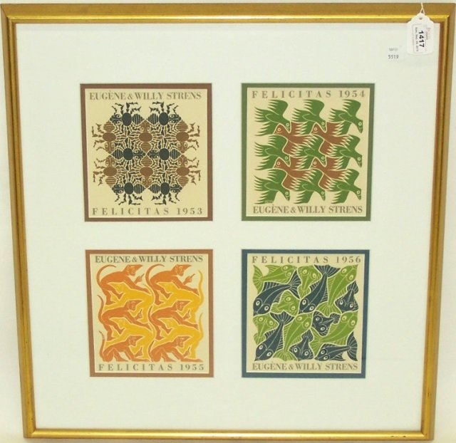 ESCHER, MAURITS CORNELIS: (M.C. Escher 1898-1972 Dutch) Grouping of 4 framed color woodblock prints, depicting New Year's greeting cards for Eugene and Willy Strens covering the years 1953-1956, all housed together in one fram
