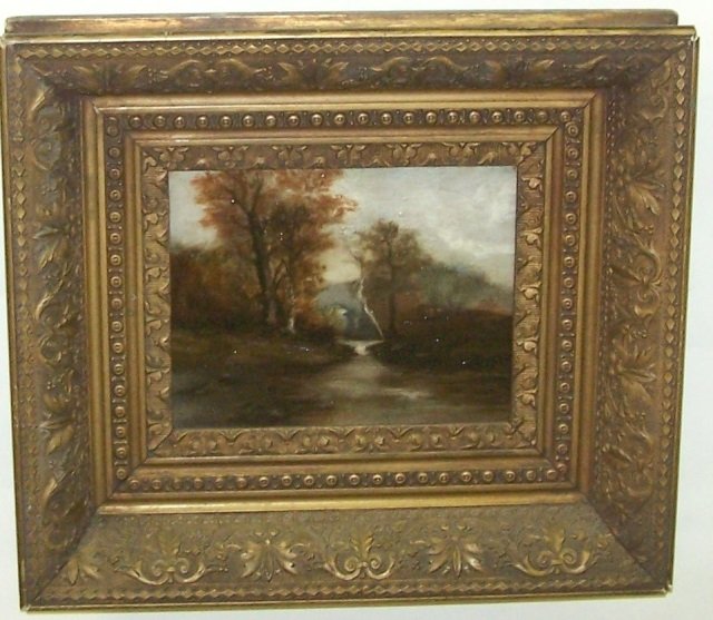*UNKNOWN ARTIST: (19th C. American School) Hudson River style landscape, framed oil on canvas, approximate image size 8" x 10", with frame 16" x 18".