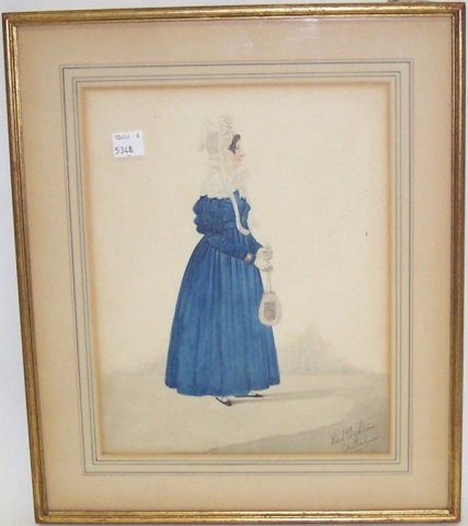 DIGHTON, RICHARD: (1795-1880 English) Full length portrait of a woman in blue, framed pencil and watercolor, signed lower right, approximate image size 10 3/4" x 8 1/4", with frame 14 1/2" x 12 1/4".