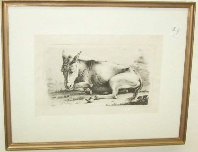 *BOISSIEU, JEAN JACQUES: (1736-1810 French) Resting mule, framed engraving, signature on plate lower left, impression size 5" x 8 1/2", approximate image size 1/2" margins all around visible inside mat, frame size 12" x 15".