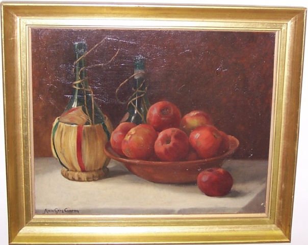 CAMERON, MARIE GALEN: Still life with wine and apples, framed oil on canvas mounted to board, signed lower left, approximate image size16" x 28", frame size 20" x 24".