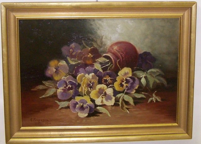 FERGUSON, ELIZABETH FOOTE: (1884-1925 American) Still life with flowers, framed oil on canvas mounted to masonite board, signed and dated 1911 lower left, approximate image size 14" x 19 1/2", frame size 17 1/2" x 23 1/2".