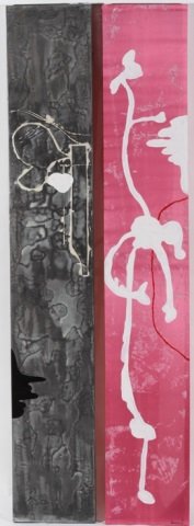 ZHOU BROTHERS: (20th C. Chinese School) 2 Section mixed media work on silk and metal panel, each section approximately 80"H x 13"W, one section signed lower right, both identified on verso.